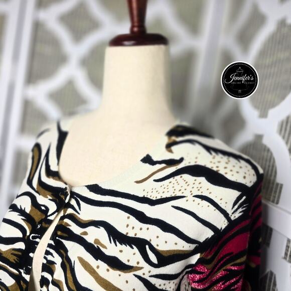 Elizabeth New York Vintage Cream Black Red Animal Print Cardigan Size Large - Picture 2 of 11